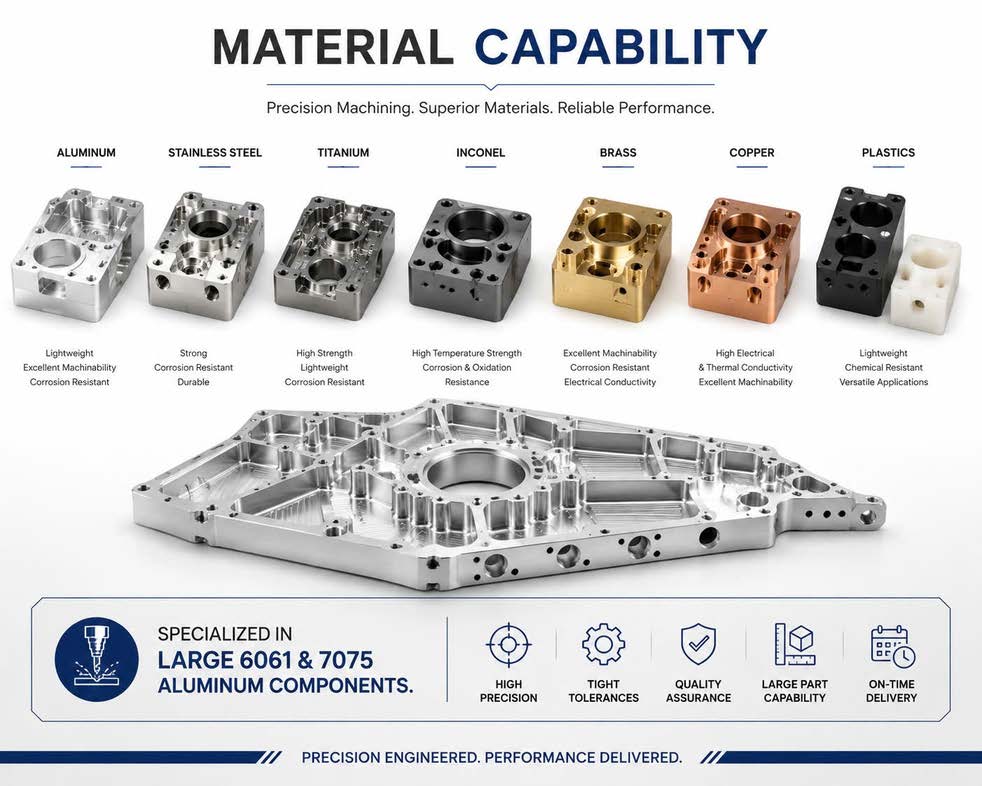 Machined components in aluminum, bronze, copper, black oxide, and plastic finishes